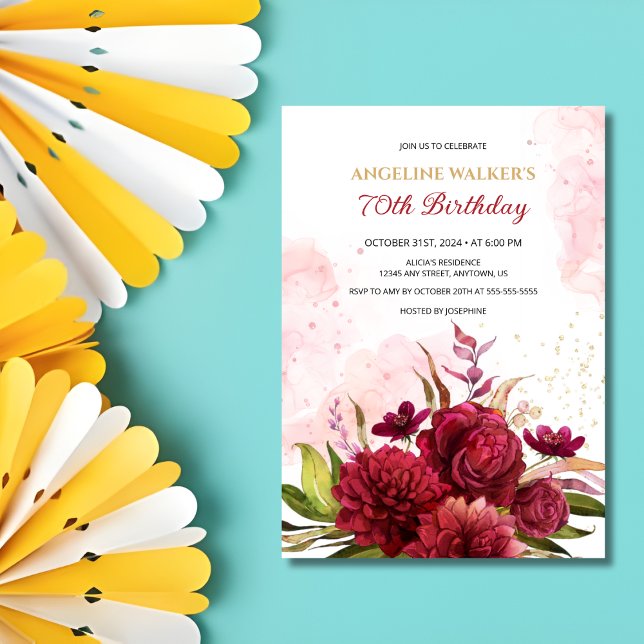 Glitter Splash Burgundy Dahlia Rose Birthday Invitation (Creator Uploaded)