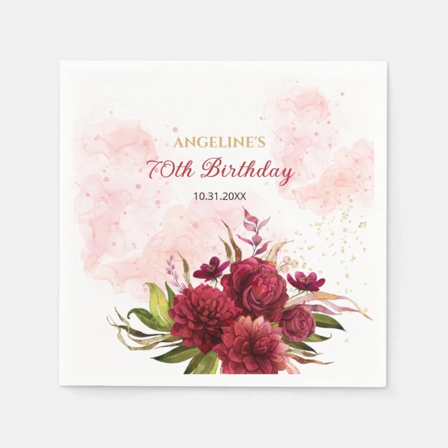 Glitter Splash Burgundy Dahlia Rose Birthday Napkins (Front)