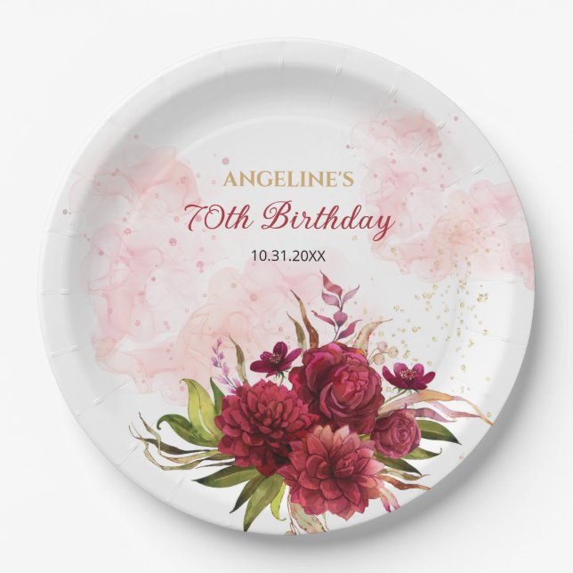 Glitter Splash Burgundy Dahlia Rose Birthday Paper Plates (Front)