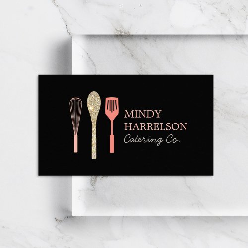Glitter Spoon Whisk Spatula Bakery Catering Black Business Card