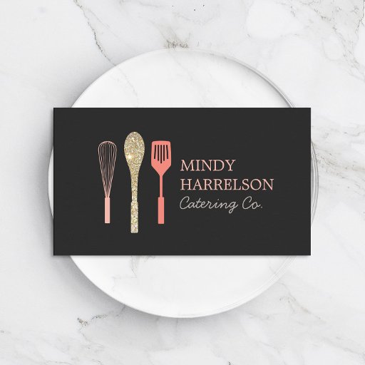 Customizable Glitter Spoon Whisk Spatula Bakery Catering Logo Business Card