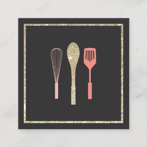 Glitter Spoon Whisk Spatula Bakery Catering Logo Square Business Card