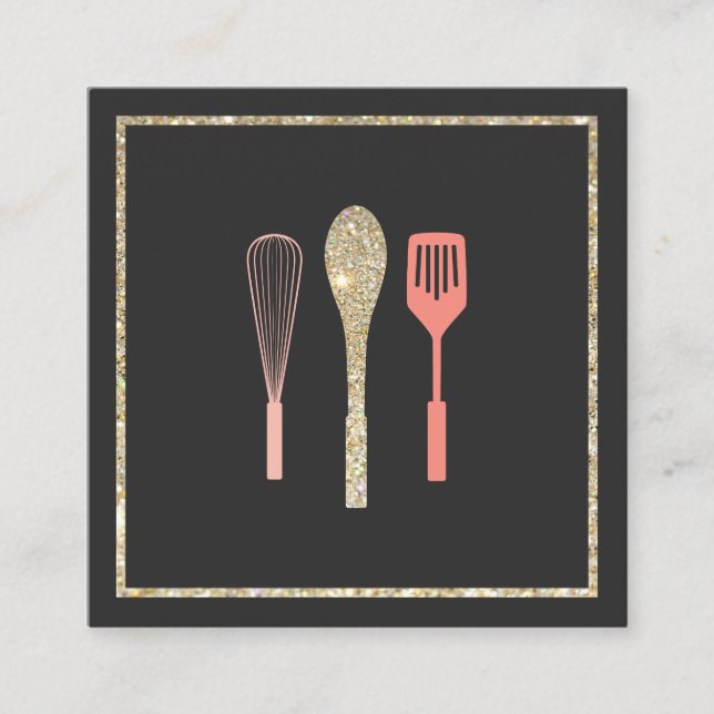 Glitter Spoon Whisk Spatula Bakery Catering Logo Square Business Card (Front)