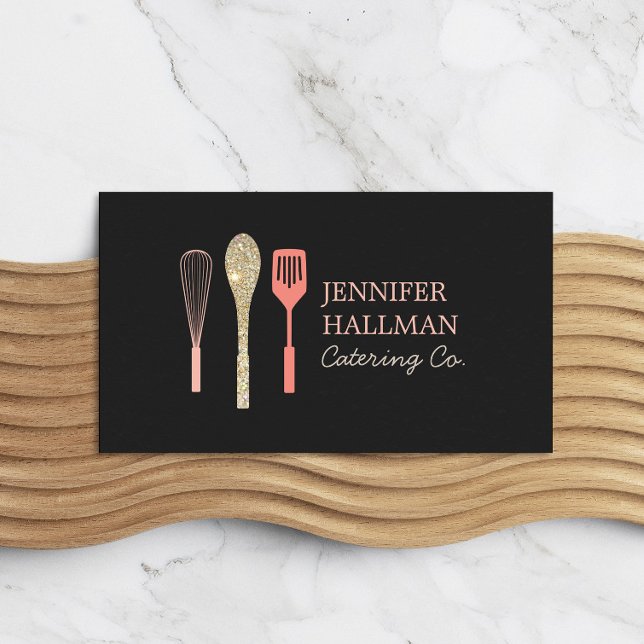 Glitter Spoon Whisk Spatula Logo Dark Gray Business Card (Creator Uploaded)