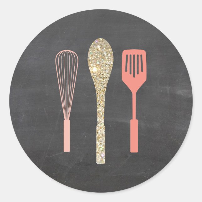 Glitter Spoon Whisk Spatula on Chalkboard Classic Round Sticker (Front)