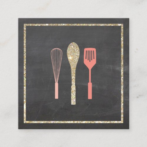 Glitter Spoon Whisk Spatula on Chalkboard Square Business Card