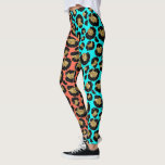 Glitter Spots Fur Leopard 80s Rock Turquoise Coral Leggings<br><div class="desc">This design may be personalized by choosing the Edit Design option. You may also transfer onto other items. Contact me at colorflowcreations@gmail.com or use the chat option at the top of the page if you wish to have this design on another product or need assistance with this design. Glitter look...</div>