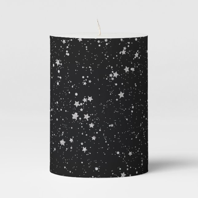 Glitter Stars2 - Silver Black Pillar Candle (Front)