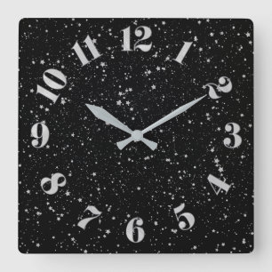 Glitter Stars2 - Silver Black Square Wall Clock