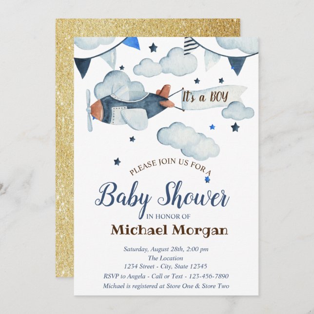 Glitter,Stars,Clouds,Airplane Baby Shower Invitation (Front/Back)