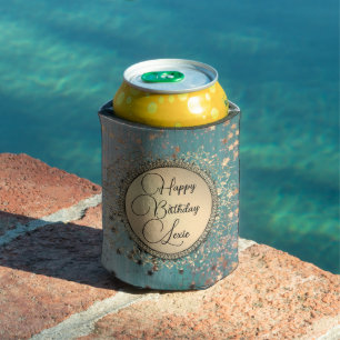 Glitter Stars on Blue Teal Birthday Customized   Can Cooler
