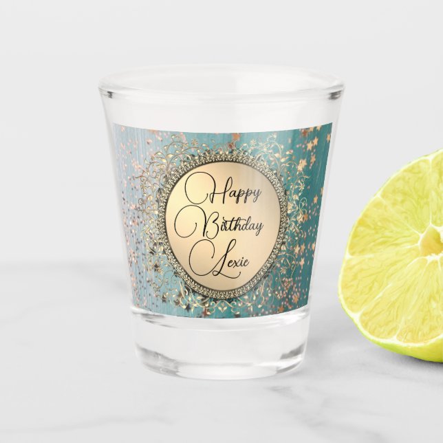 Glitter Stars on Blue Teal Birthday Customized   Shot Glass (Front)