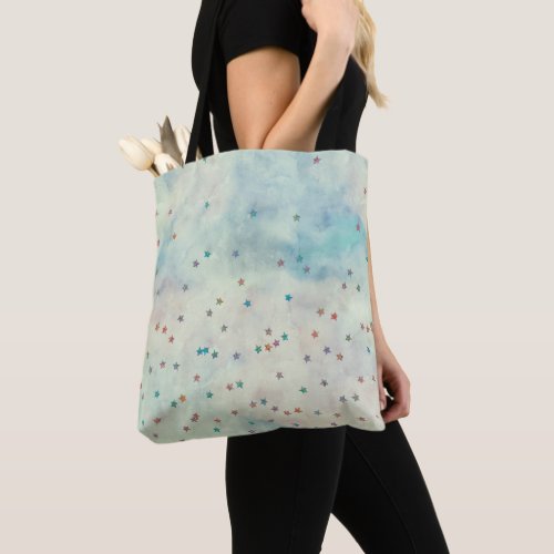 Glitter stars on marbled watercolor tote bag