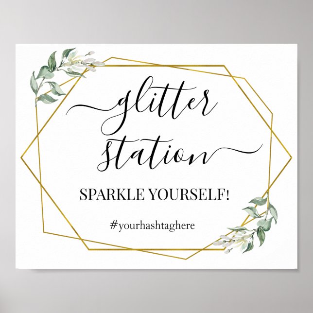 Glitter station sign greenery gold bridal shower (Front)