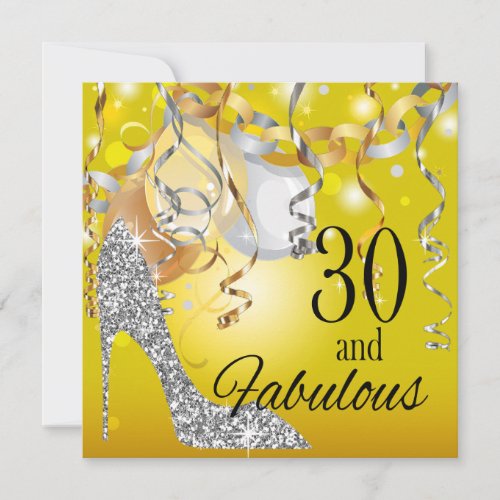 Glitter Stiletto 30th Birthday  yellow silver Invitation