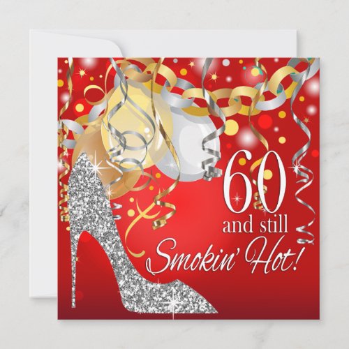 Glitter Stiletto 60th Birthday  red silver Invitation