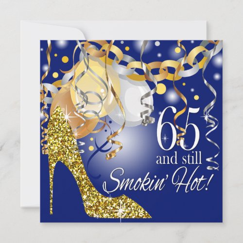 Glitter Stiletto 65th Birthday  royal blue gold Invitation