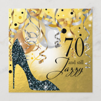 Glitter Stiletto 70th Birthday | gold black silver Invitation
