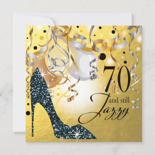 Glitter Stiletto 70th Birthday  gold black silver Invitation