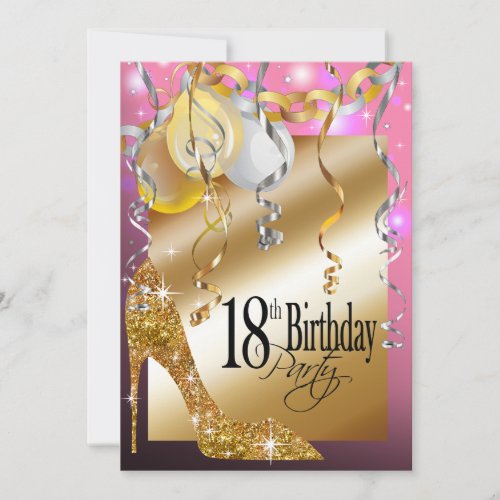 Glitter Stiletto Balloons 18th Birthday pink Invitation