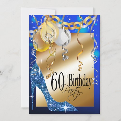 Glitter Stiletto Balloons 60th Birthday blue Invitation