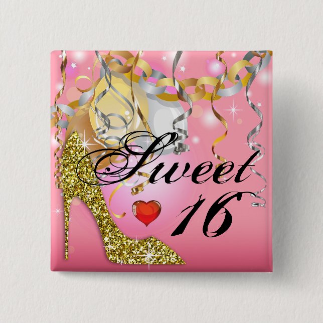 Glitter Stiletto Celebration for Sweet 16 | pink Pinback Button (Front)