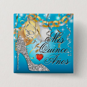 Glitter Stiletto Celebration Quinceañera blue Pinback Button