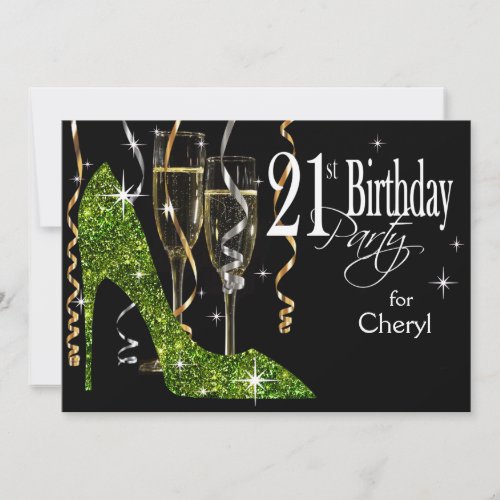 Glitter Stiletto Champagne 21st Birthday lime Invitation