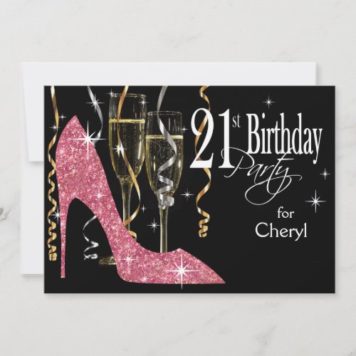Glitter Stiletto Champagne 21st Birthday Pink Invitation