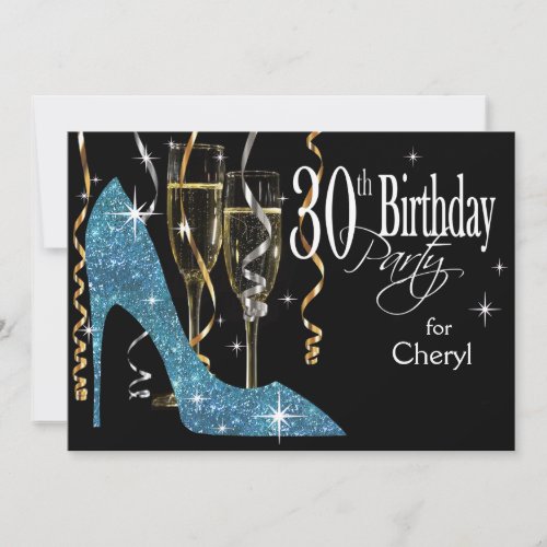 Glitter Stiletto Champagne 30th Birthday baby blue Invitation