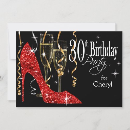 Glitter Stiletto Champagne 30th Birthday Red Invitation