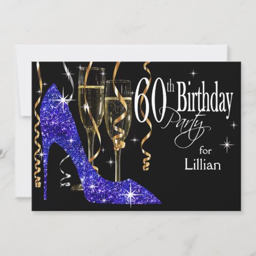 Glitter Stiletto Champagne 60th Birthday Blue Invitation