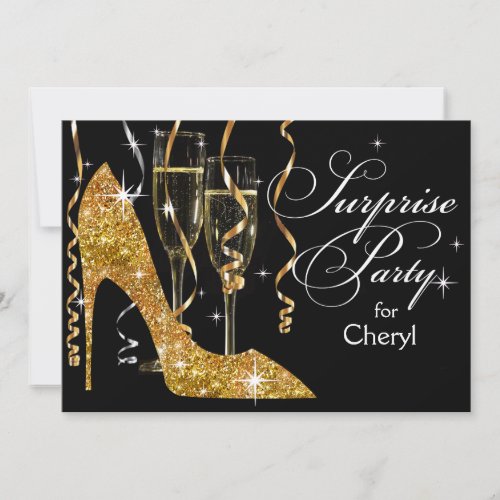 Glitter Stiletto Champagne Surprise Birthday gold Invitation