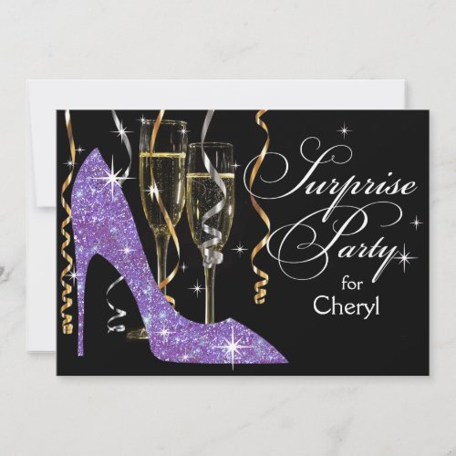 Glitter Stiletto Champagne Surprise Birthday lilac Invitation