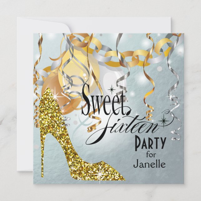 Glitter Stiletto Silver Foil Sweet 16 Party Invitation (Front)