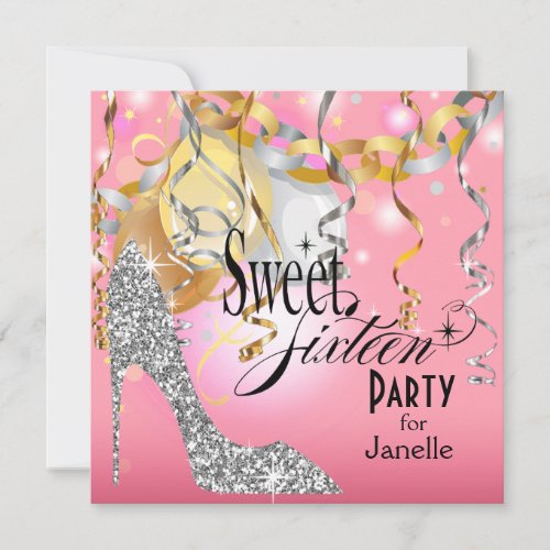 Glitter Stiletto Sweet 16 Party  pink silver Invitation