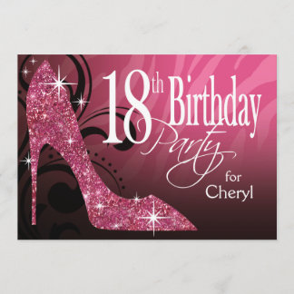 Glitter Stiletto Zebra 18th Birthday pink Invitation