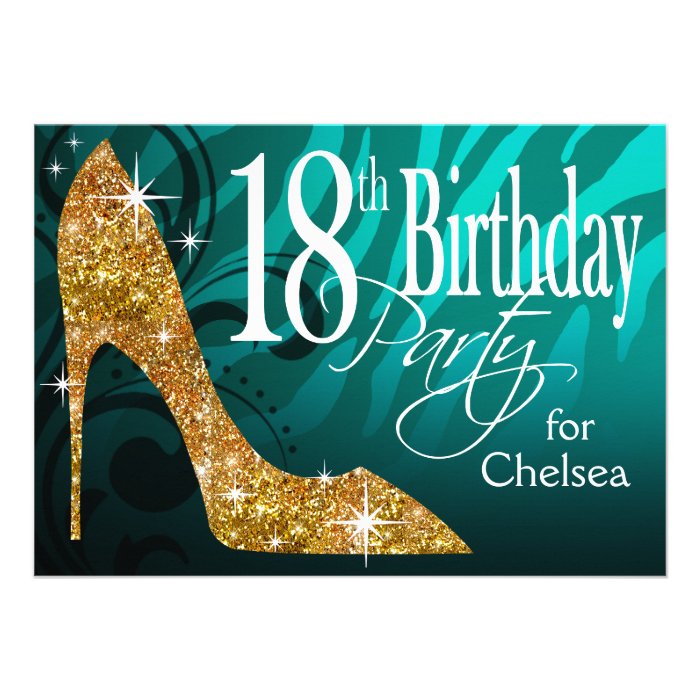 Glitter Stiletto Zebra 18th Birthday teal gold Card