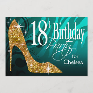 Glitter Stiletto Zebra 18th Birthday teal gold Invitation