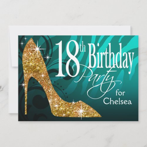 Glitter Stiletto Zebra 18th Birthday teal gold Invitation