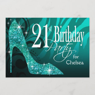 Glitter Stiletto Zebra 21st Birthday teal Invitation