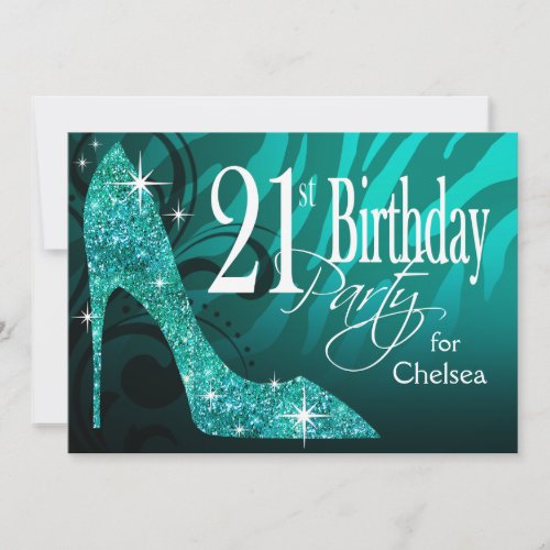 Glitter Stiletto Zebra 21st Birthday teal Invitation