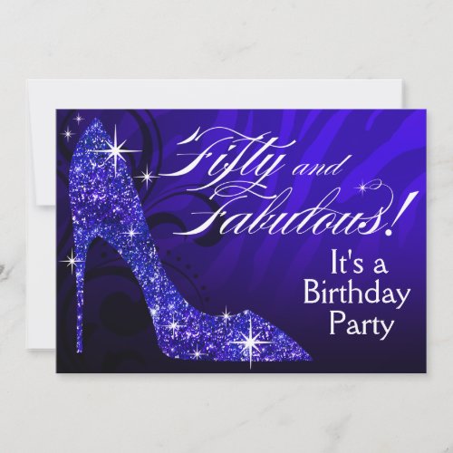 Glitter Stiletto Zebra 50  Fabulous Birthday blue Invitation