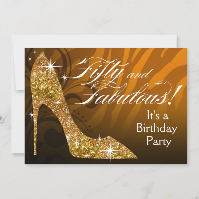 Glitter Stiletto Zebra 50 & Fabulous Birthday gold Invitation (Front)