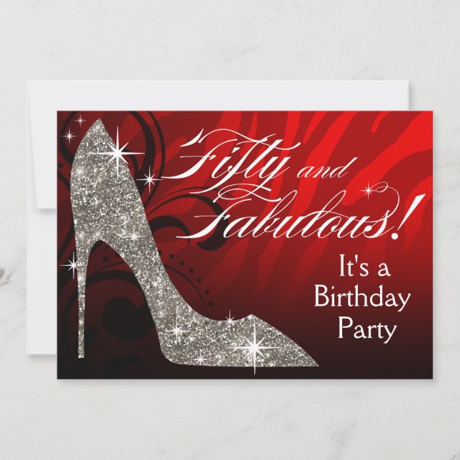 Glitter Stiletto Zebra 50 & Fabulous Birthday red Invitation (Front)