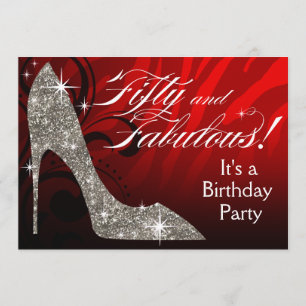 Glitter Stiletto Zebra 50 & Fabulous Birthday red Invitation
