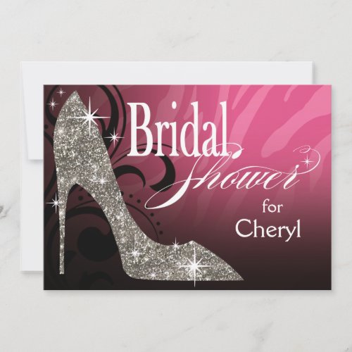 Glitter Stiletto Zebra Bridal Shower pink silver Custom Announcement