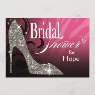 Glitter Stiletto Zebra Bridal Shower pink silver Invitation