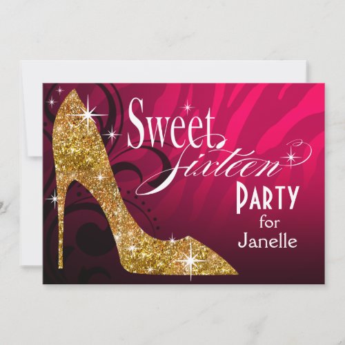 Glitter Stiletto Zebra Sweet 16 Party fuschia gold Invitation