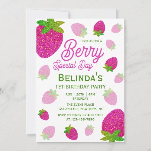 Glitter Strawberry Berry Special Day 1st Birthday Invitation